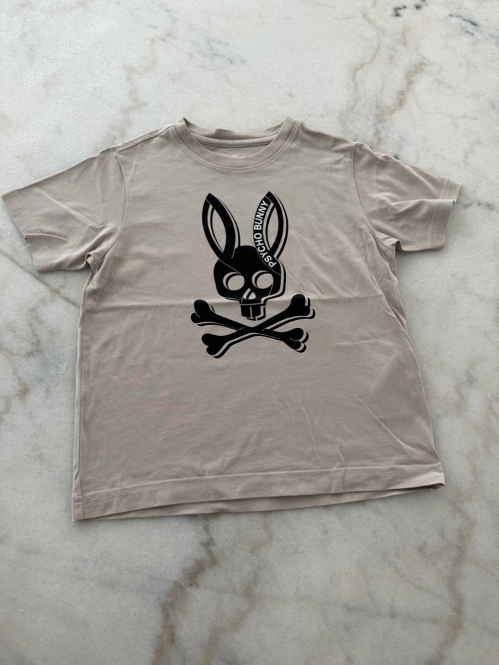 Psycho Bunny Tan Tee with Black Bunny Skull Graphic